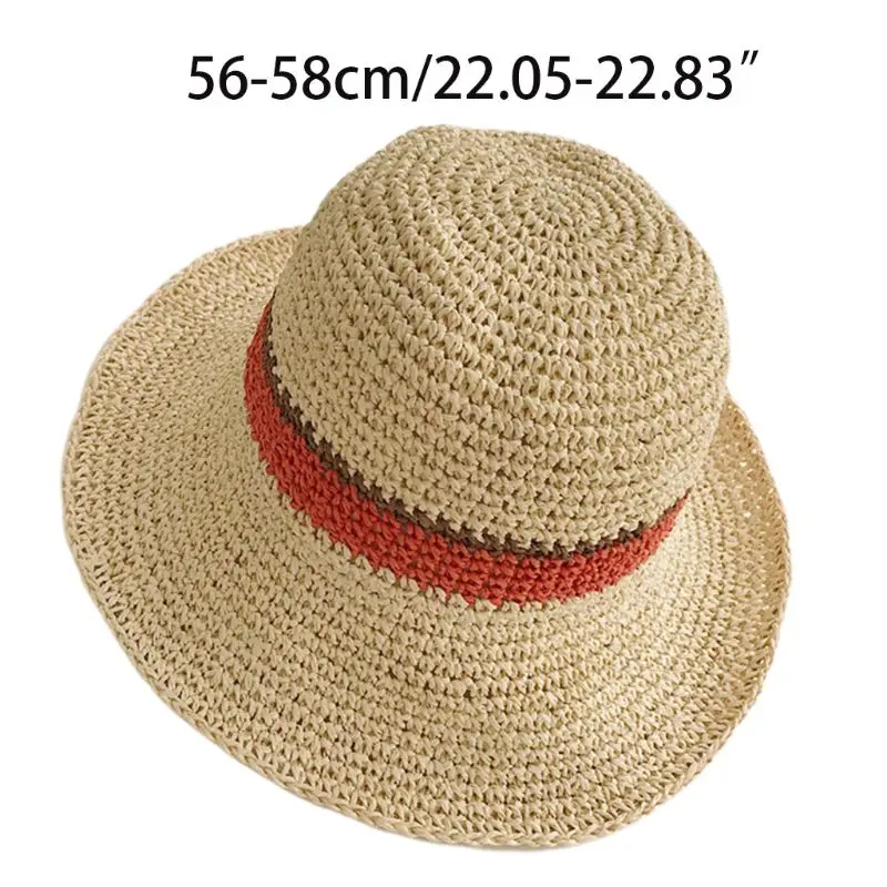 

EDCRFV 1PC Womens Handmade Crochet Straw Beach Sun Hat Stripes Adjustable Packable Wide Brim Sunscreen Holiday Bucket Caps