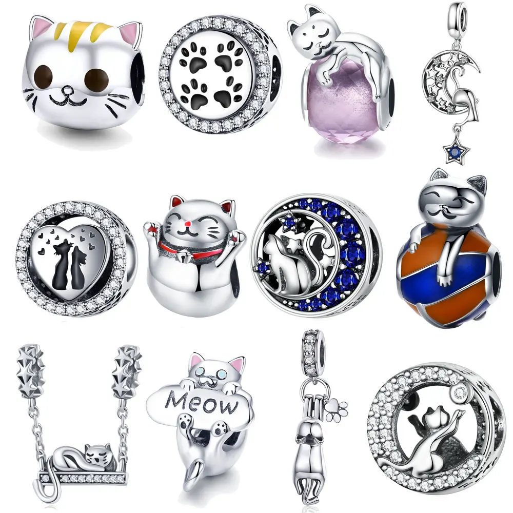 Кот серебряные бусины 925 пробы спящий LazyCat Moon Story Pussy Животное Бусины Подходят талисманы Серебро 925 браслет хорошее ювелирное изделие