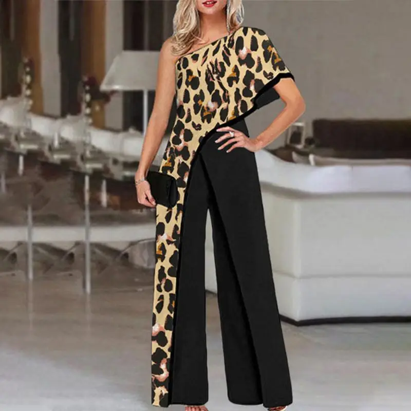 VONDA Women Long Jumpsuits Vintage Leopard Print Playsuits Casual Short Sleeve One Shoulder Wide Leg Trousers Palazzo Pantalon