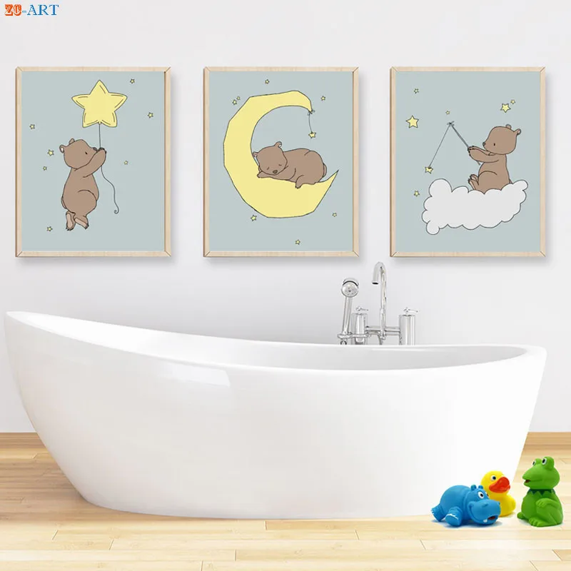 Медведь Луна и дизайн со звездами холст печати плакатов дети стены искусства для