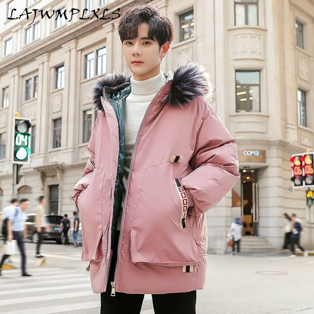 

Men Winter Jacket Hooded Oversize Hip Hop Coat Long Fur Collar Windbreak High Street Black Jacket Warm Streetwear