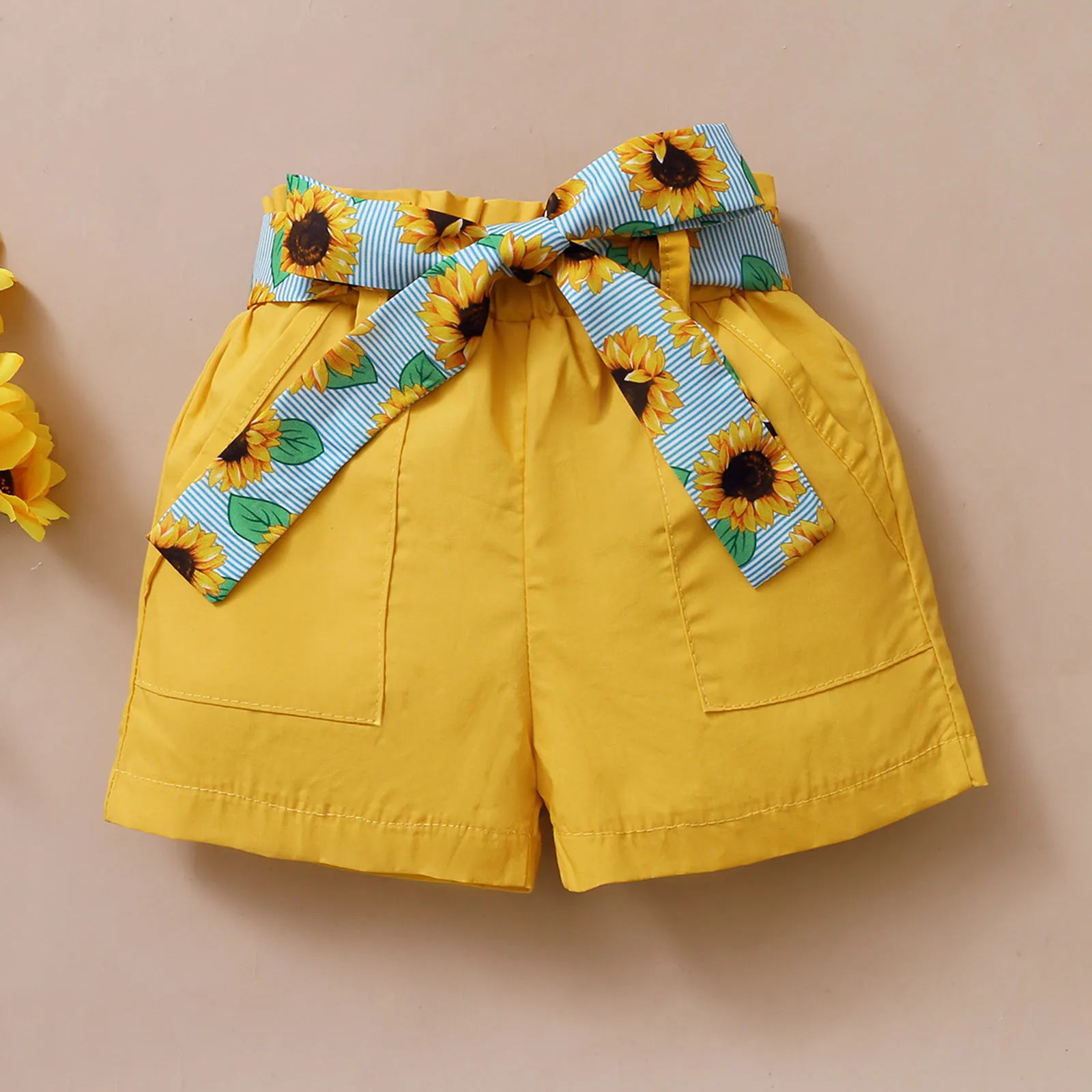 

toddler baby girl 3 pieces summer clothes set Bowknot Sunflower Printed Vest T-shirt Floral shorts baby girl suit clothing