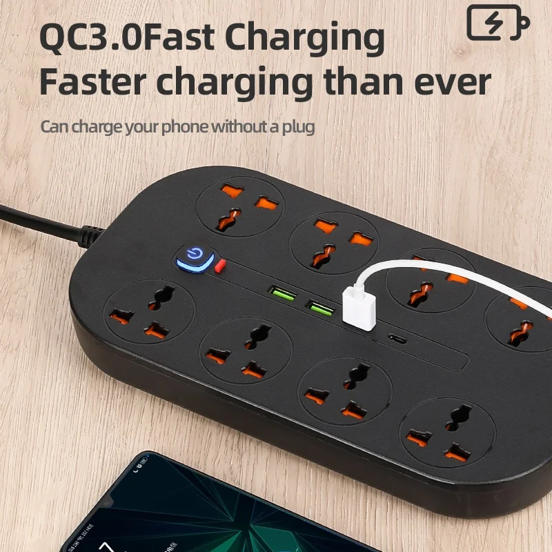 Univeral Multi Usb Charger QC3.0 PD 20W 3000W Outlets Power Strip With 8 AC Sockets 2M Long Extension Cord | Мобильные телефоны и