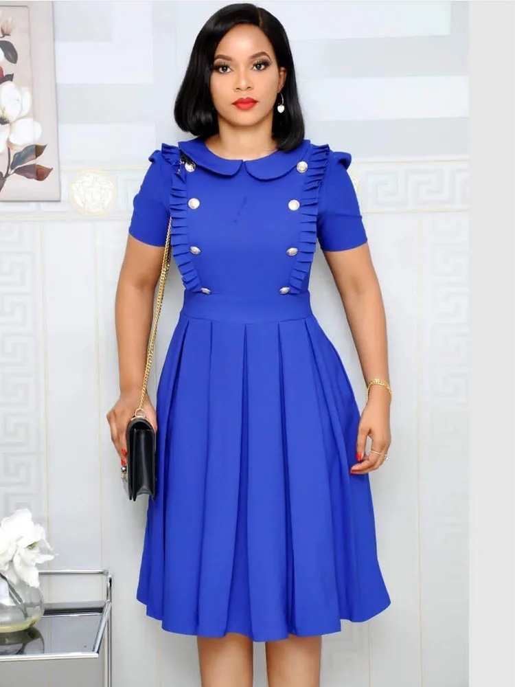 

African Dresses Sexy Lady High Quality Elegant Lapel Short Sleeves Princess Pleated Dress Fashion Casual Commute Soiree