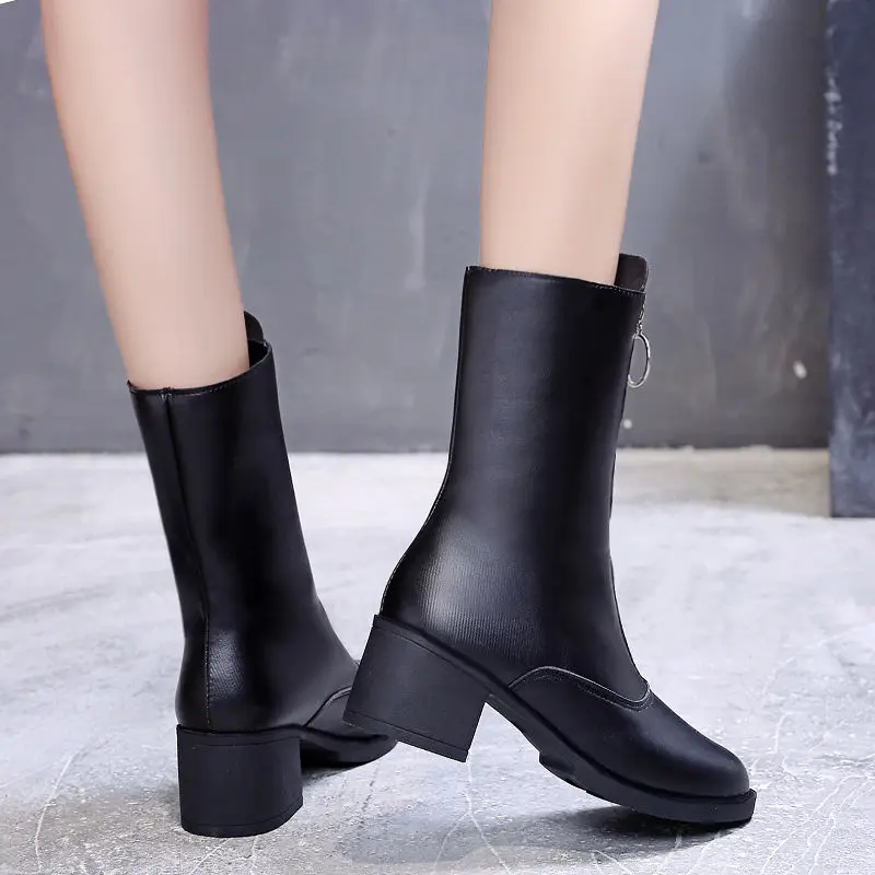 2020 Korean Wave New Autumn and Winter Thick Heel Round Toe Women's Boots Front Zipper Mid-tube Short Boots Martin Boots Women