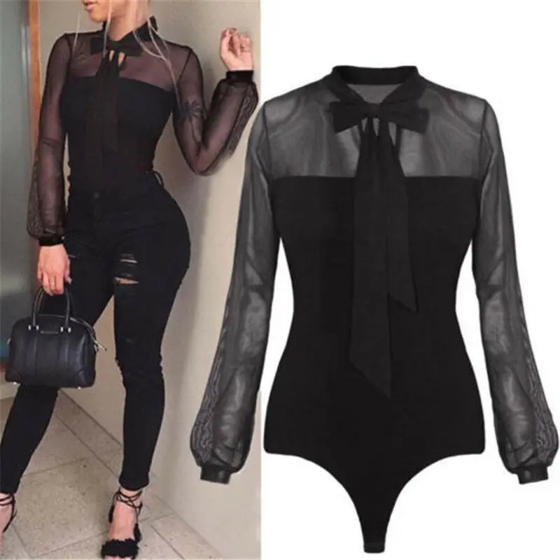 

Women's Bodycon Bodysuit V Neck Long Sleeve Bandage Jumpsuit Romper Leotard Top