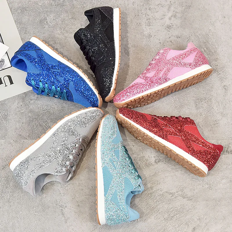 

2021 Spring Autumn Women Bling Sneakers New Casual Flat Ladies Vulcanized Shoes Lace Up Outdoor Sport Running Sparkling Shoes