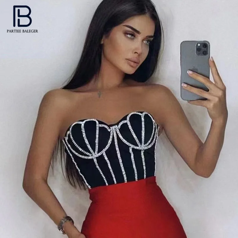 PB Stylish High Waist Crystal Design Crop Tops Sexy Strapless Sleeveless Celebrity Party Club Free Shipping