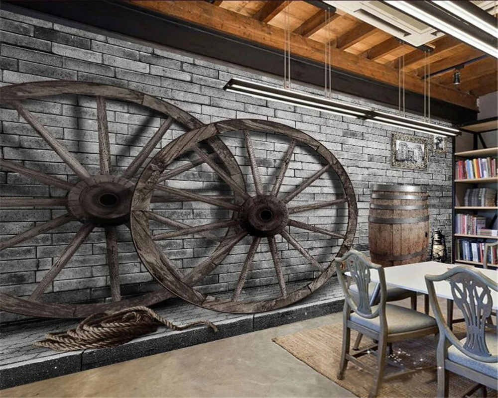 

beibehang Custom 3d mural retro nostalgic wheel wooden wheel bar living room bedroom background wall painting