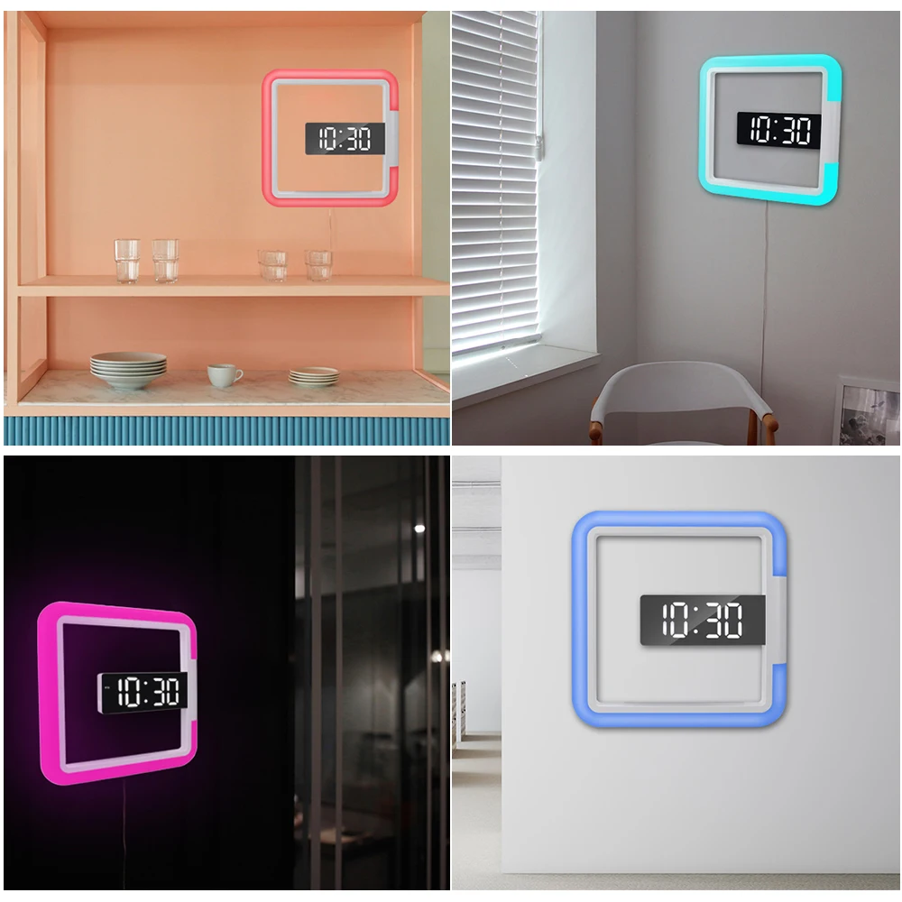 

Temperature and humidity instrument RGB Sqaure Mirror Wall Clock Hollow LED Digital Alarm Clock Snooze Temperature Detection