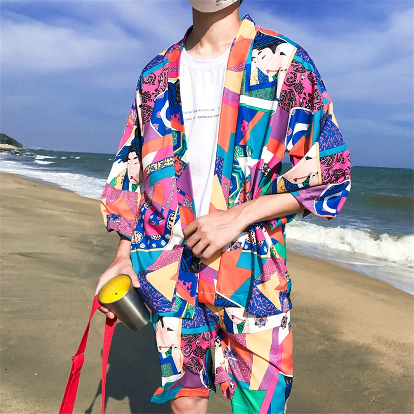 2 шт. унисекс японская одежда в стиле кимоно комплект мода Harajuku печати кардиган хаори шорты юката уличная летняя пляжная одежда