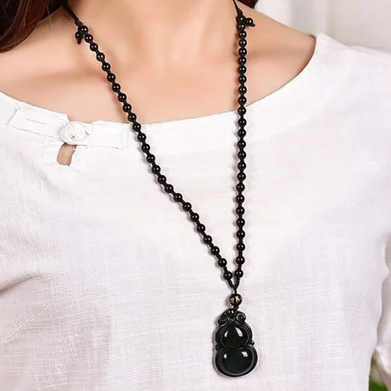 

JoursNeige Natural Crystal Black Obsidian Stone Fine Carving Gourd Pendants Necklaces Lucky Safety Amulet for Men Women Jewelry