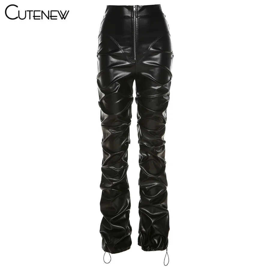 

Cutenew Pleated Solid High Waist Stacked Pants Women Clothing 2021 New Fashion Faux PU Leather Hipster Street Style Long Trouser