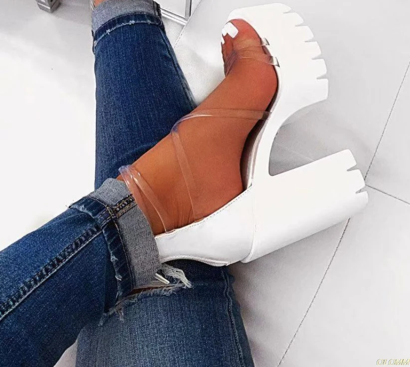 white high-heeled cross PVC straps outdoor travel sandals rubber bottom non-slip slippers increased new women's sandals - Цвет: white