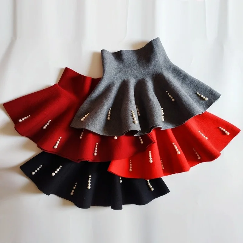 

2022 Spring New Korean Children Beading Knitted Sweater Skirts Girls Tutu Skirts Big Kids High-waist Pleated Skirts Faldas Bebes