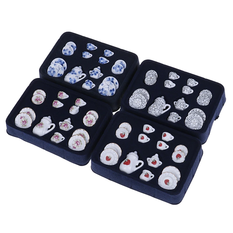 

15Pcs 4 Patterns 1:12 Miniature Porcelain Tea Cup Set Chintz Flower Tableware Kitchen Doll house Furniture Toys For Children