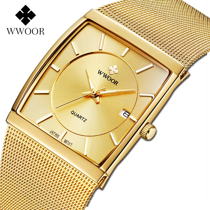 WWOOR Ultra Thin Gold Watch Business Square Clock Men Steel Mesh Waterproof Quartz Stainless Steel Wristwatch Relogio Masculino