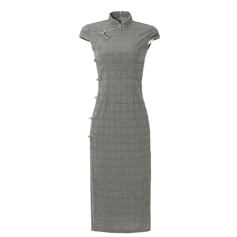 Женское длинное платье-Ципао в стиле ретро хлопково-льняное платье клетку для