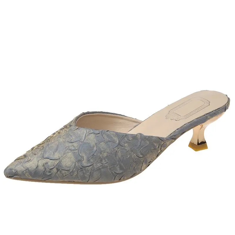 

Flock Shoes For Girls Low Woman's Slippers Cover Toe Slides Fashion Thin Heels Lady 2021 Luxury Summer Fabric Rubber Rome Silk B