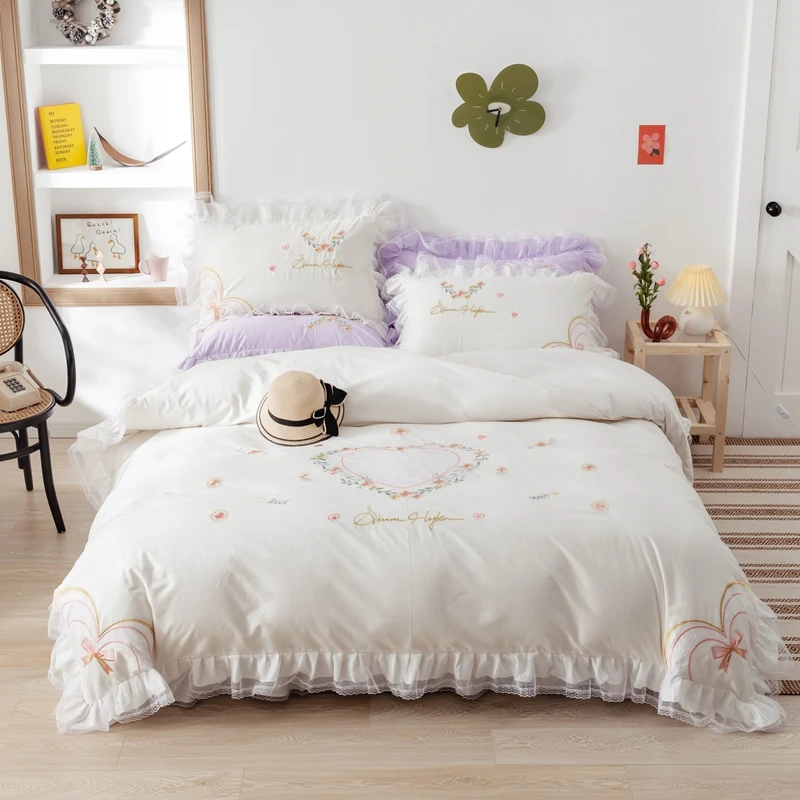 

100% из хлопка, с сердечком и с цветочным узором; С вышивкой; Платье принцессы комплект постельного белья с двойным кружевом пододеяльник набо...