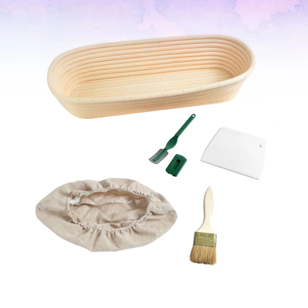 

1 Set Rattan Dough Proofing Basket Ellipse Shape Baking Suppllies for Home Bakery Restaurant (35X15X7CM Basket + White Slicer +