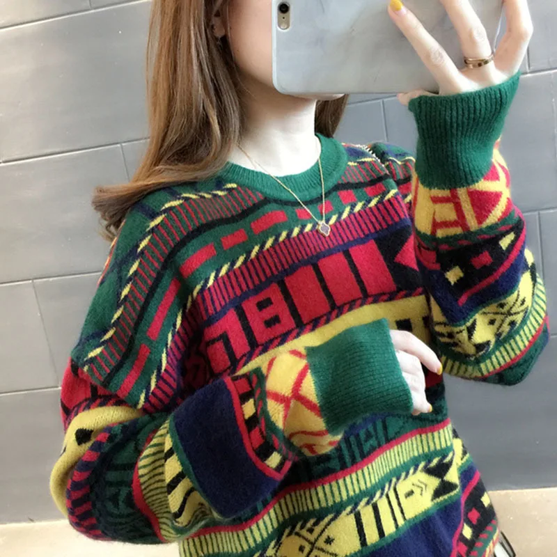 

Korean Style Autumn Spring Sweaters for Women 2020 Knitted Printing Vintage Pullovers Ladies o Neck Long Sleeve Female Jumpers