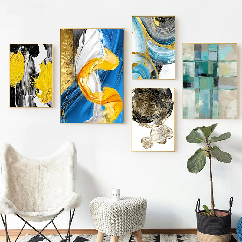 Абстрактные геометрические золотистые красные картины на холсте современное