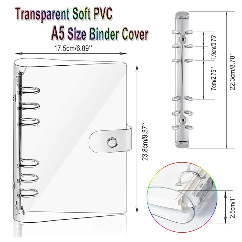 

2 Pcs A6 6-Ring Rainbow Clear PVC Binder Cover Refillable Notebook Binder Protector Loose Leaf Planner Binder Cover multicolor