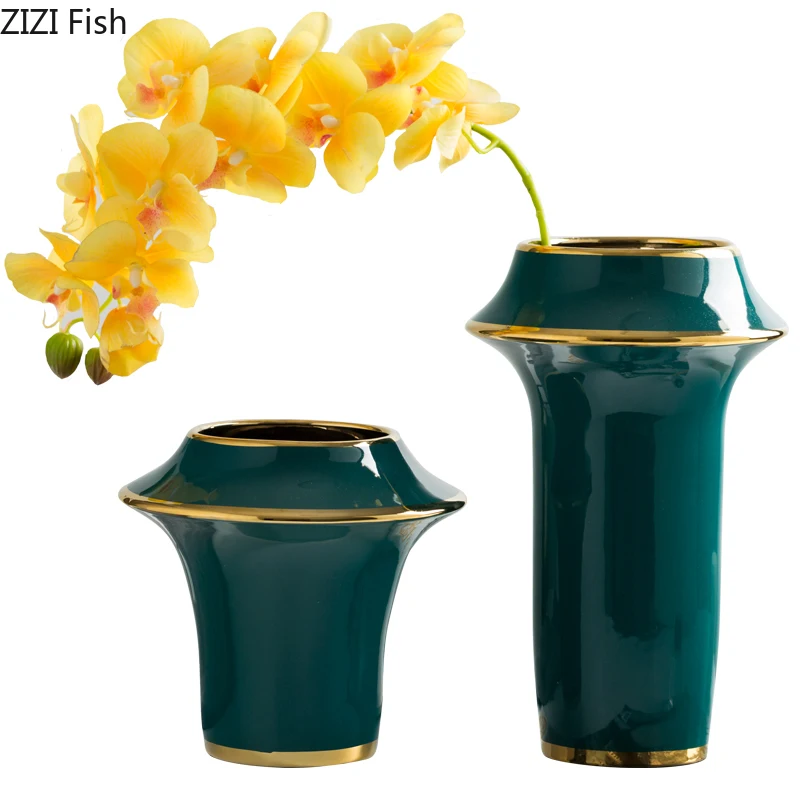 Chinese Ceramics Vase Green Glaze Golden Edge Vases Desk Decor Flower Insert Artificial Flowers Home Decoration Accessories | Дом и сад