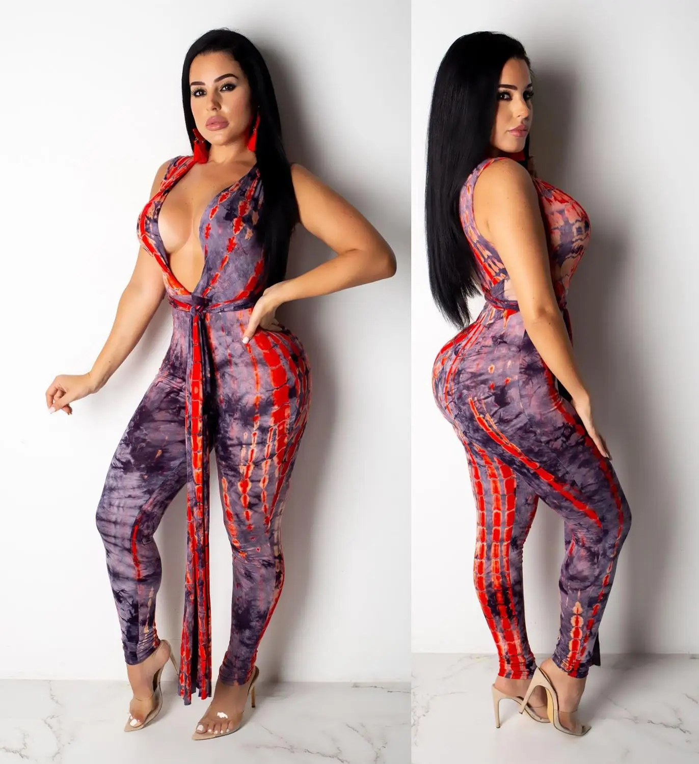 Новый сексуальный комбинезон с v образным вырезом и принтом комбинезоны поясами