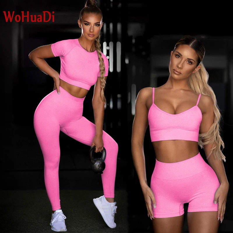 

WOHUADI Yoga Set Women Clotching Fitness Sportswear Seamless High Waist Leggings Shorts Shirt Crop Top Sport Bra