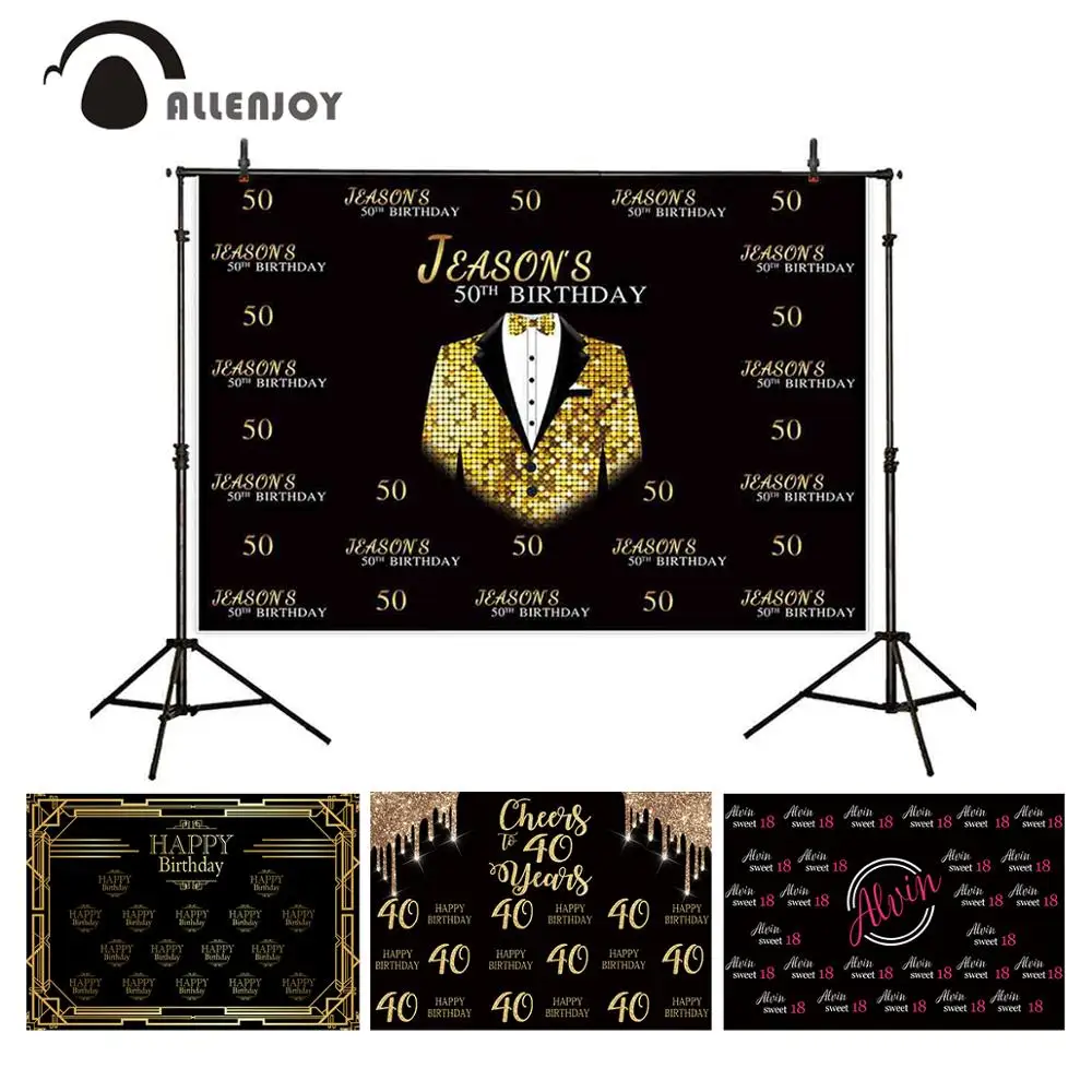 

Allenjoy step and repeat photo studio background Golden Glittering Business suit 50th birthday backdrop customize photophone