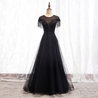 bespoke occasion dresses illusion o neck short a line crystal beading sequined luxury black tulle lady formal evening gown hb135
