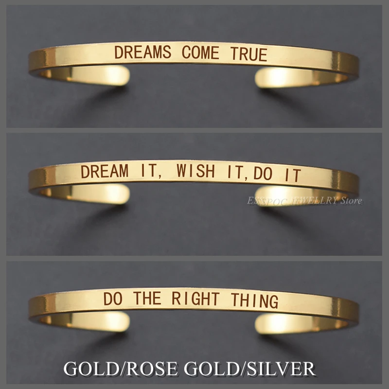 DREAMS COME TRUE Letters Engraved Bangle BE YOURSELF Metal Lettering  Fashion HOPE FAITH Cuff Bracelet Women Best Gifts