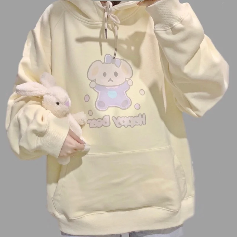 

Deeptown Kawaii Korean Style Cartoon Print Oversize Hoodies Women Yellow Harajuku Cute Long Sleeve Pullover Female Sweatshirt
