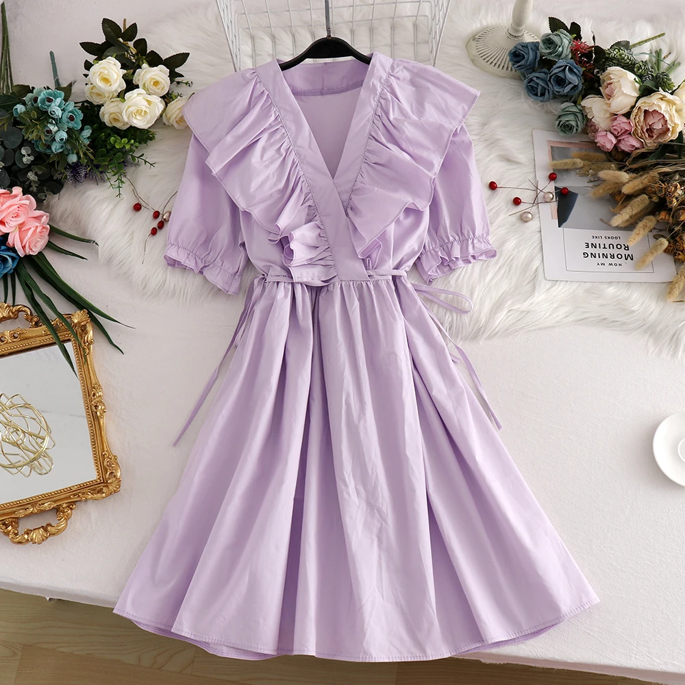 Женское платье-трапеция с V-образным вырезом коротким рукавом-фонариком и