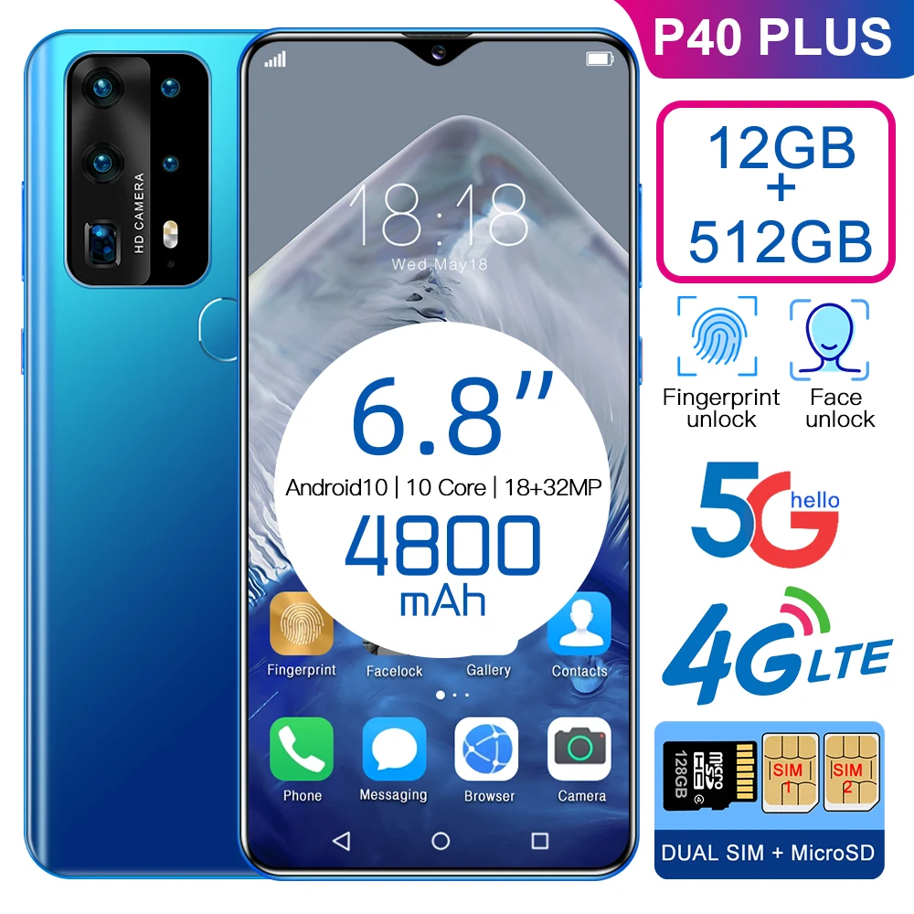 

P40 Plus 6.8Inch Big Screen 1440*3040 16+512GB 4800MAH Battery Face Unlock 18+32MP 10Core Dual SIM Android 10.0 Global 5G