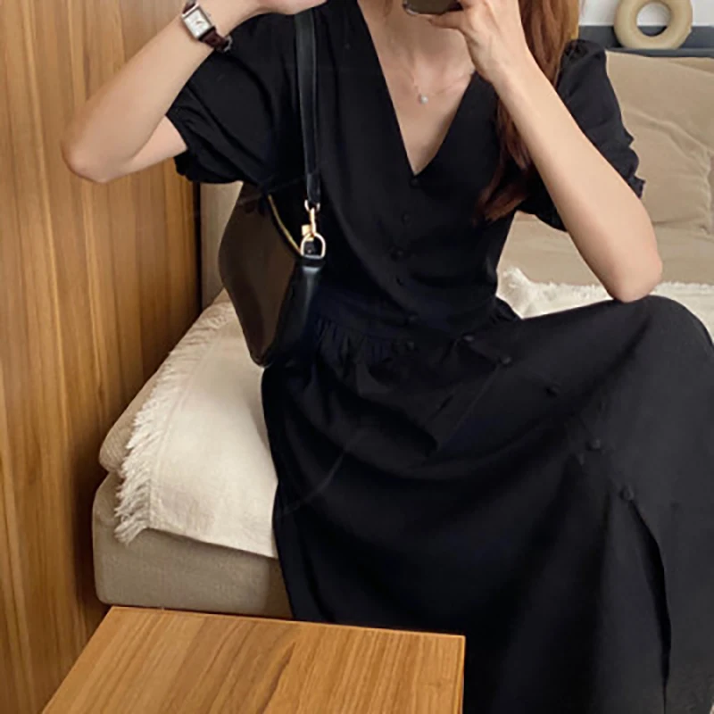 

Summer Dress For Women Fashion V Neck Solid Long Dress High Waist Short Sleeve Maxi Dresses Vintage Female Party Vestidos 233#