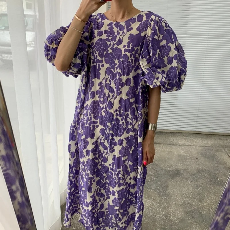 Women Long Dress 2021 Summer Casual O-neck Puff-Sleeve Oversize Dots Elegant Female Dress Ladies Loose Vestidos Femme 9941