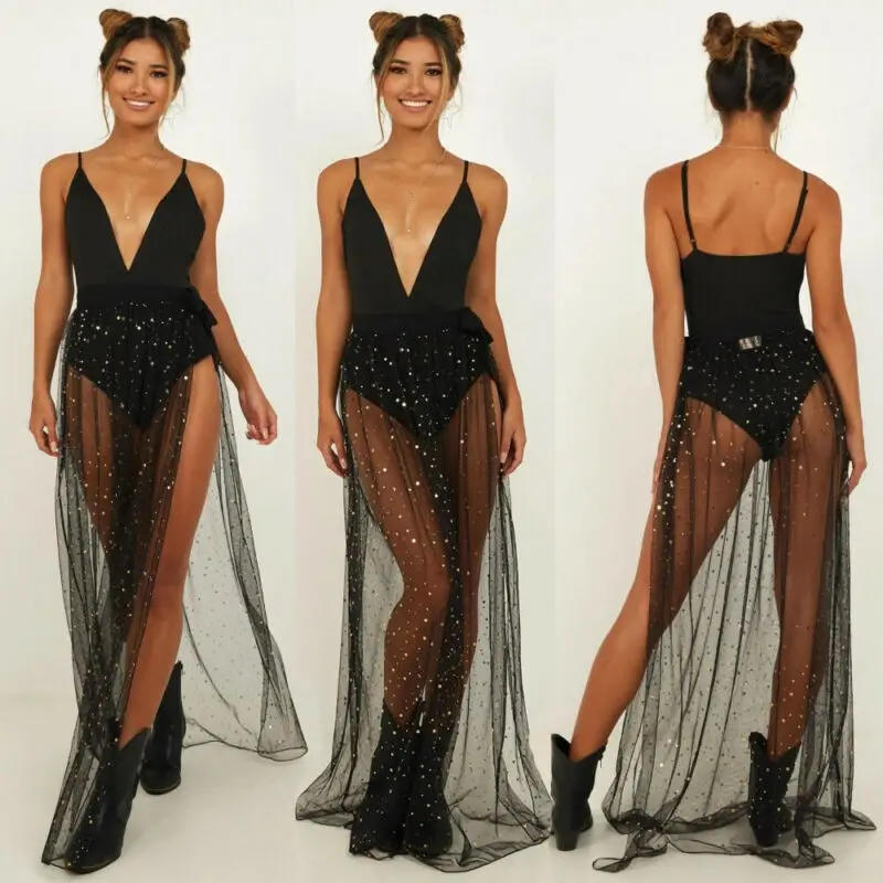 

2020 Women Shiny Sequins Bikini Cover Up Swimwear Swimsuit Beach Sexy Transparent Half Skirt Sarong Mesh Maxi Skirt Beachwear