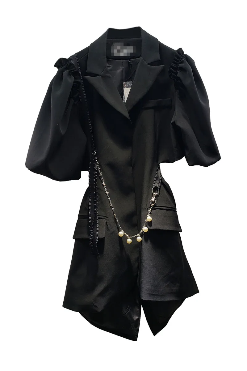 

2021 Spring and Summer Hollow Out Midriff Chain Women Suit Dress Female Puff Sleeve Black Suit A Line Dress