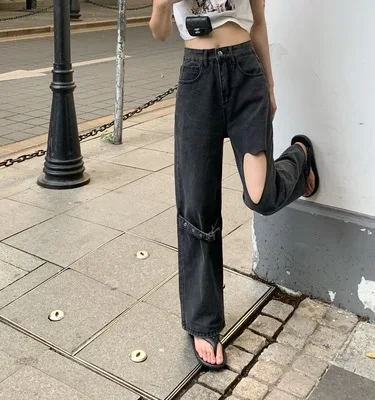 

Fashion Love Hole Ins Street Hip-hop Printing Wash Jeans Loose Casual Denim Wide Leg Pants Tide Woman Long Trousers 2021