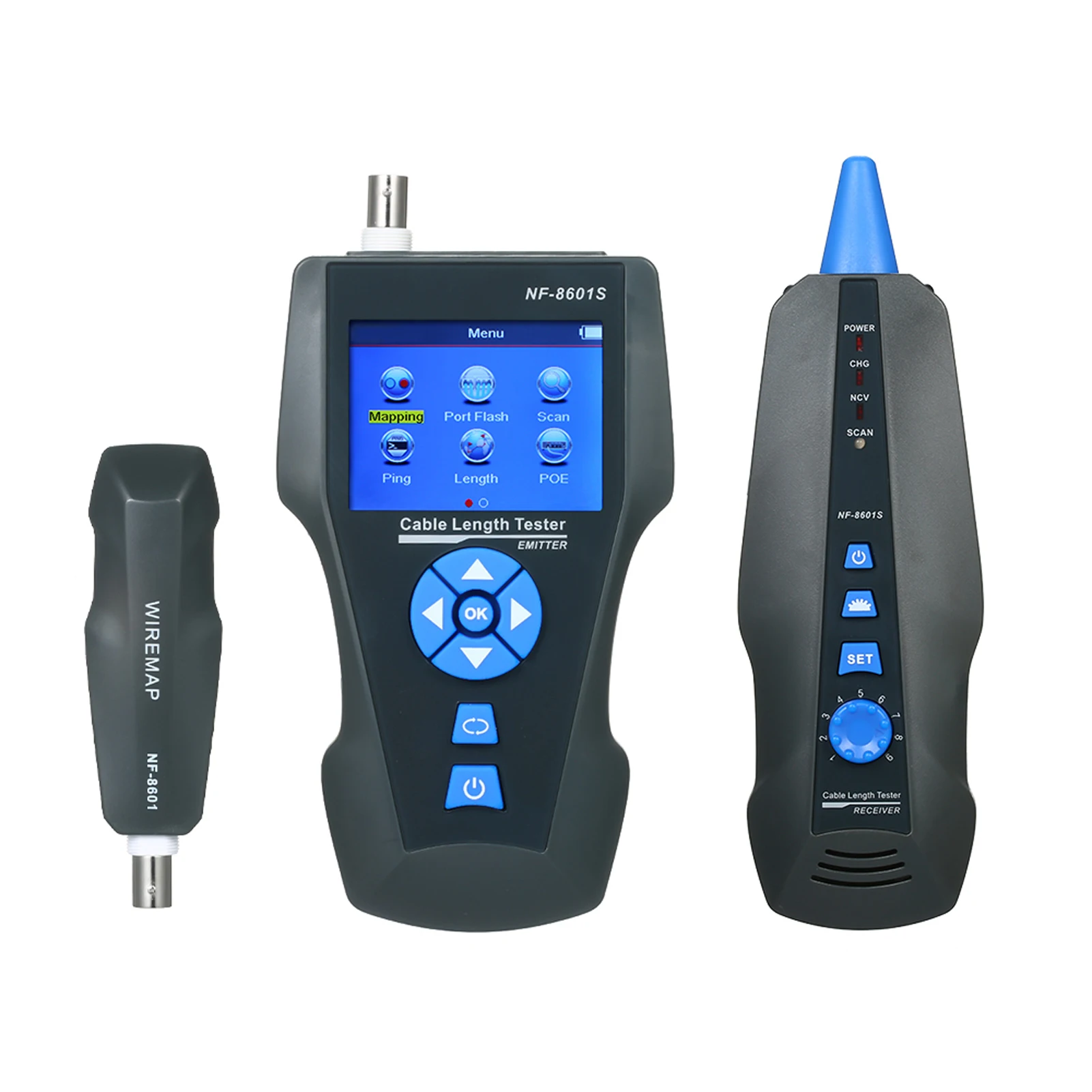 

NF-8601S Network Cable Tester Handheld Line Cable Detector for Network Maintenance Collation RJ45 RJ11 BNC Metal Cable PING/POE