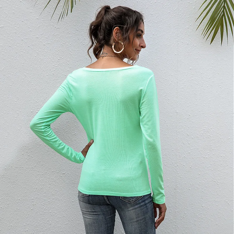 

2021 Summer New Women's V-neck Solid Color Casual Jacket Long-sleeved T-shirt Bottoming Shirt Women