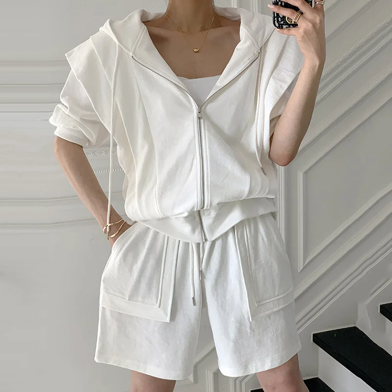 Корейский шикарный простой пиджак с капюшоном свободная куртка коротким рукавом