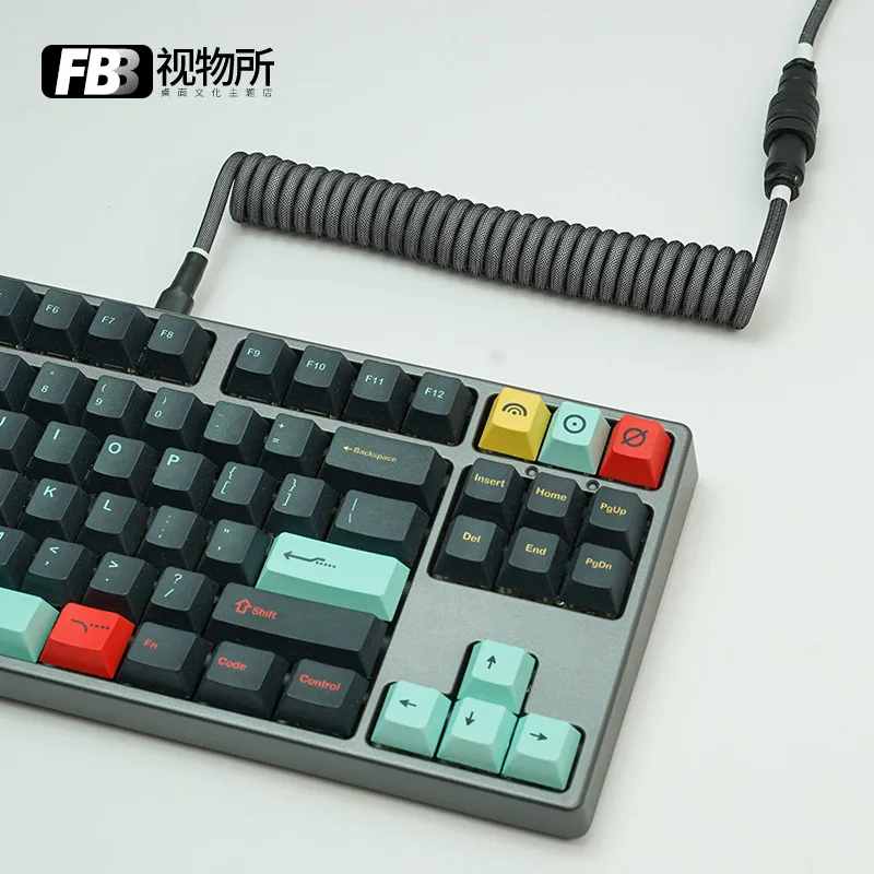 FBB Black and Gray Customized Wire Hand-woven Aviation Plug Spiral Data Cable Mechanical Keyboard Cable for GMK Theme SP Keycaps