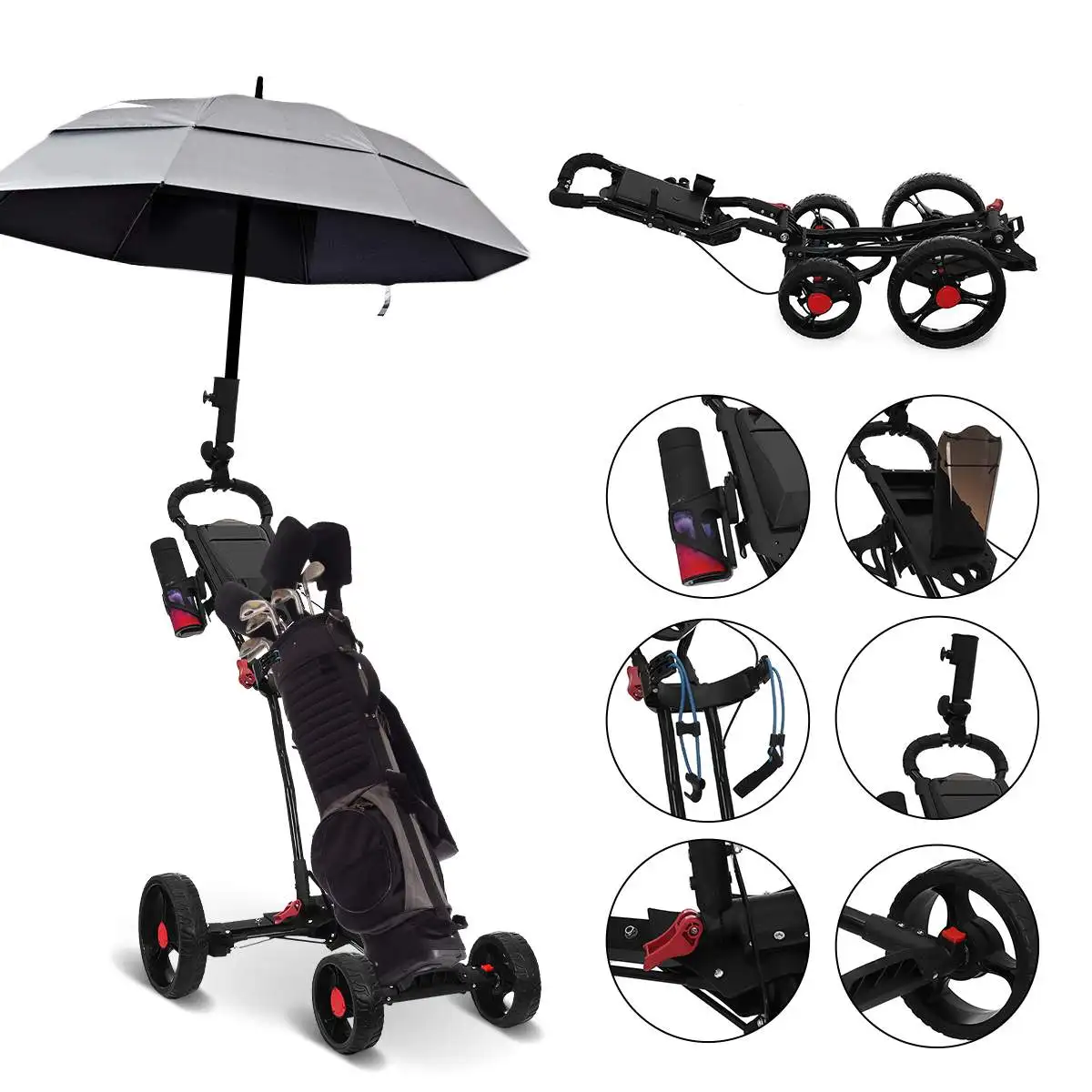 

117cm Aluminum Alloy 4 Wheels Golf Trolley Folding Golf Bag Pull Push Cart Trolley with Umbrella Cup Holder Golf Cart Outdoor