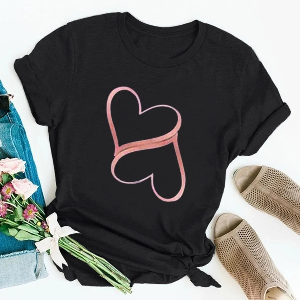 

2021 New Fangle Double Heart Print Women T Shirt Short Sleeve O Neck Loose Women Tshirt Ladies Fashion Tee Shirt Clothes Mujer