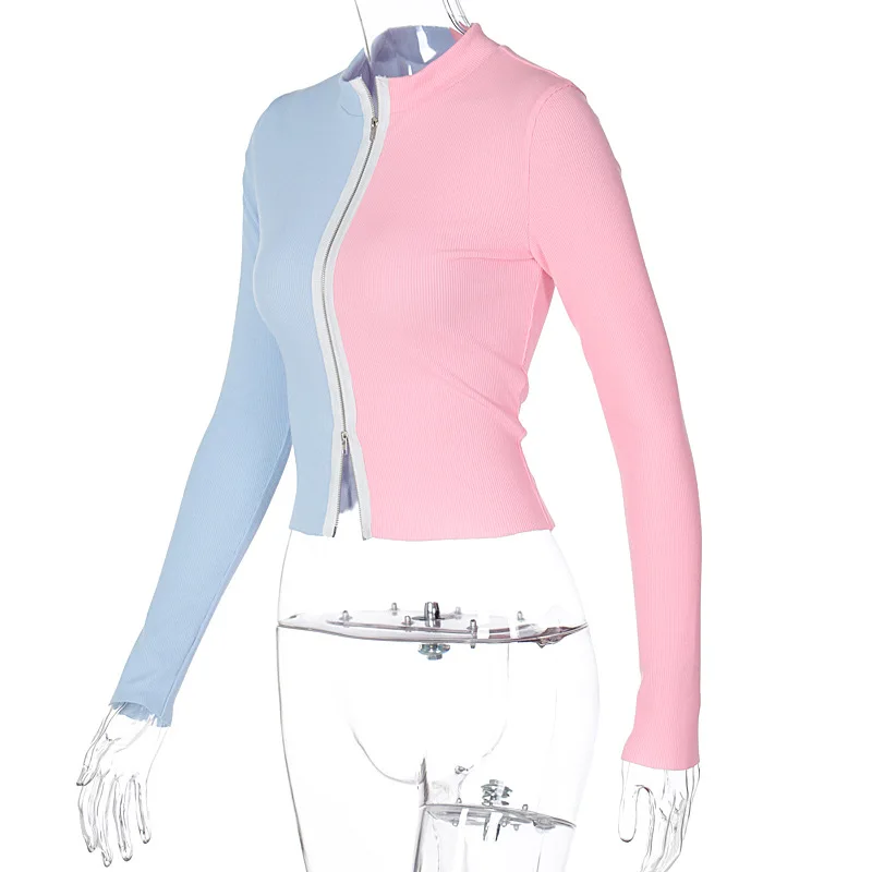 

Autumn Zip Up Long Sleeve Cropped Cardigan Top Pink Blue Patchwork Knitted Sweaters Fall 2020 New Fashion Women Clothing