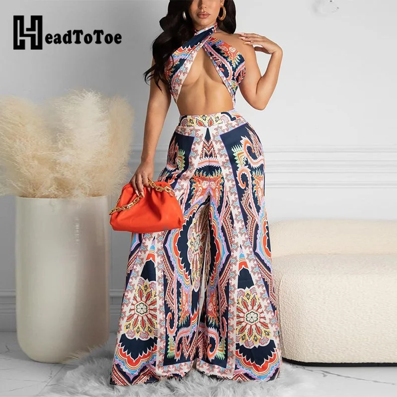 

Ornate Print Crop Tube Top & Wide Leg Pants Set Women Two Piece Set